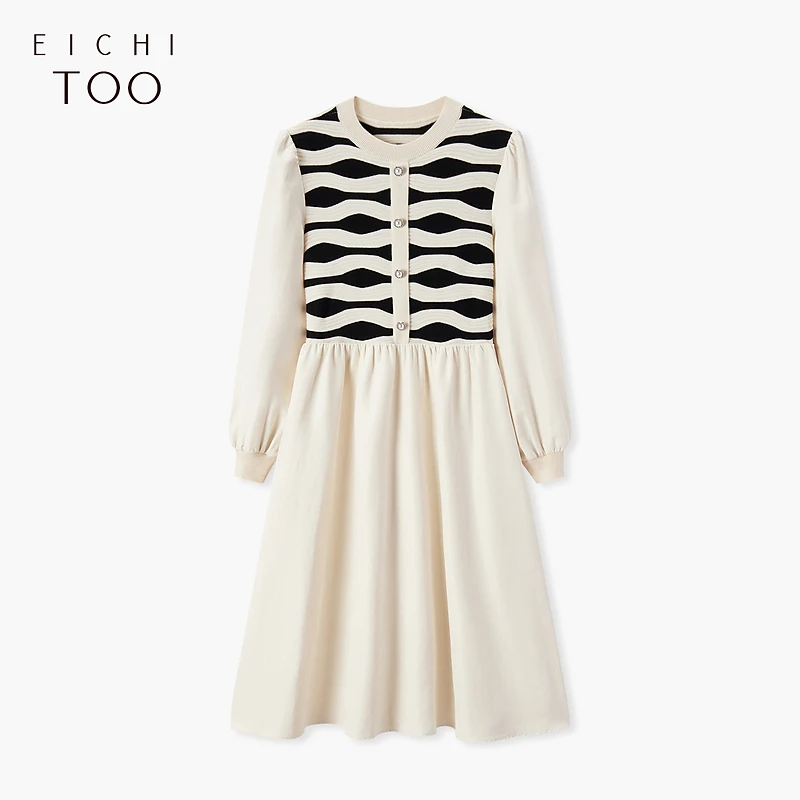 A爱居兔秋季温柔大气条纹拼接设计长袖连衣裙EQLCJ3N012A