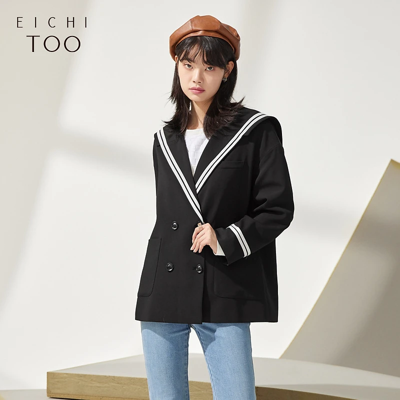 A爱居兔秋女装外套海军领双排扣撞色条纹时尚西服EWXSJ3M004A