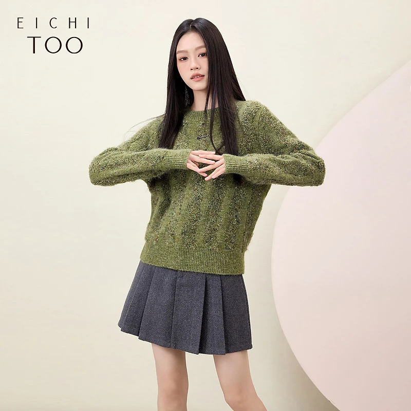 A爱居兔24年冬季新款百搭好穿苔藓绿长袖针织衫ENZAJ4P035A