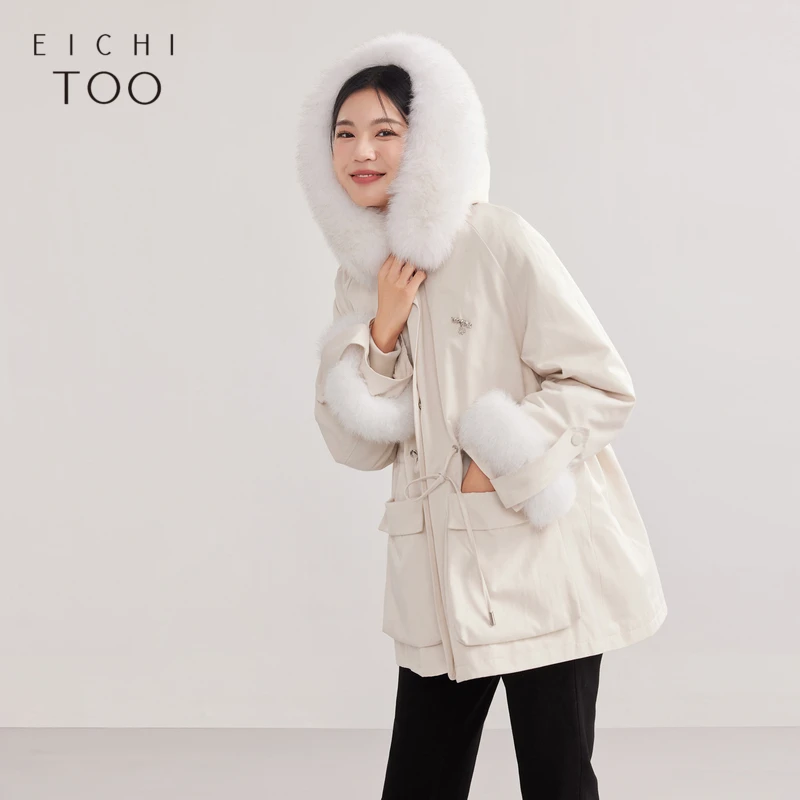 A爱居兔冬大口袋抽绳收腰内胆可脱卸皮草外套EWQGJ4M006A