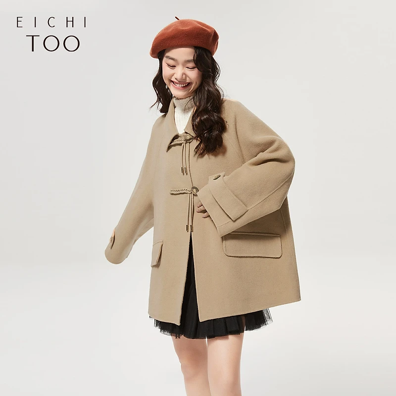 A爱居兔冬手工编织扣门襟小A型绵羊毛双面呢大衣EWDSJ4M002A