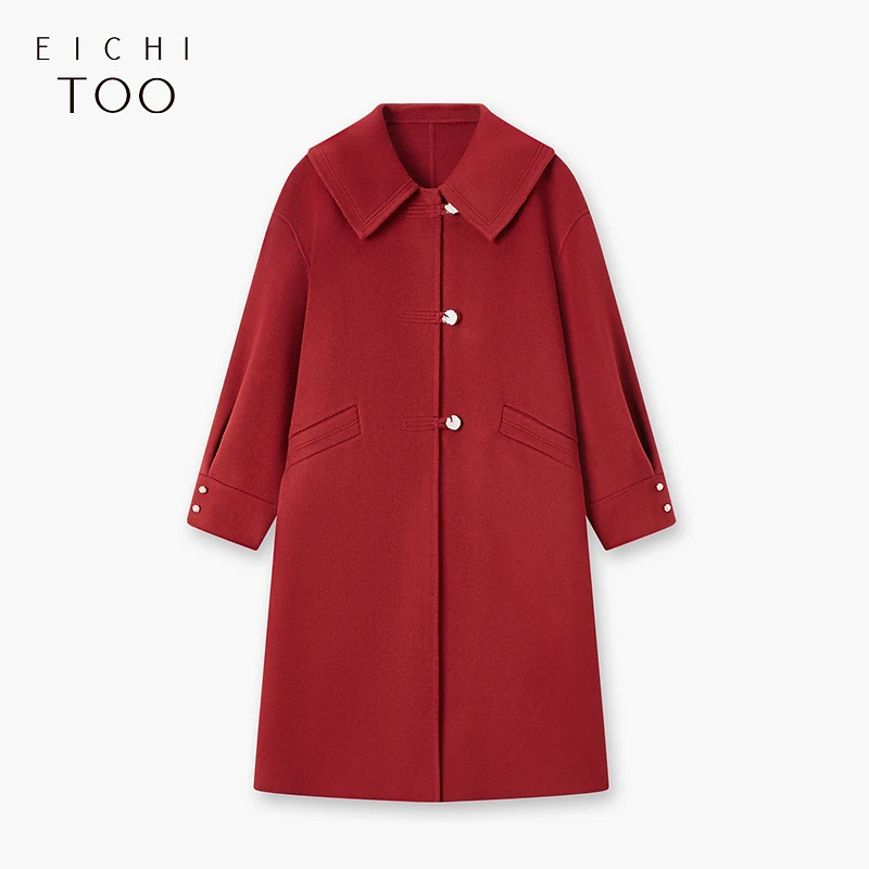 A爱居兔深红色时尚绵羊毛双面呢大衣EWDSJ4N022A