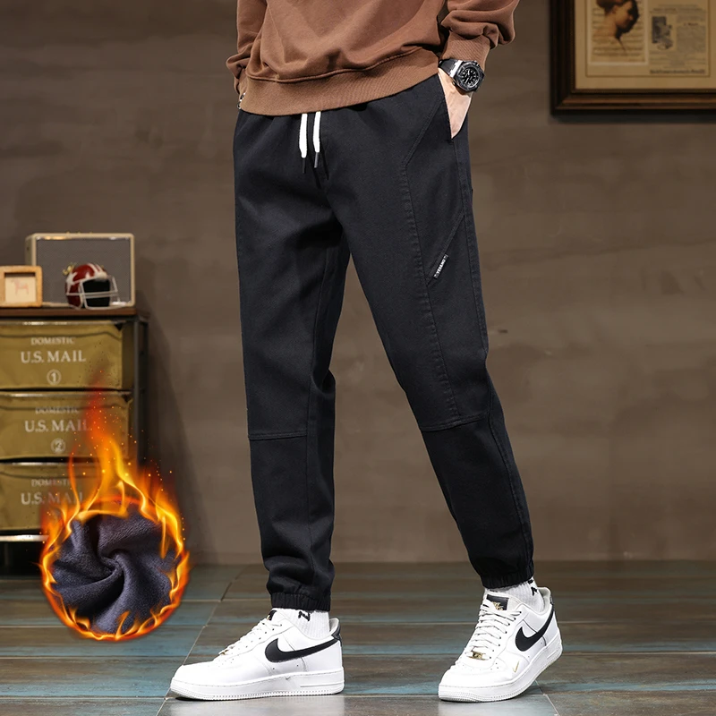 2024秋冬加绒加厚休闲裤男耐磨工装运动裤松紧腰束脚裤子男大码