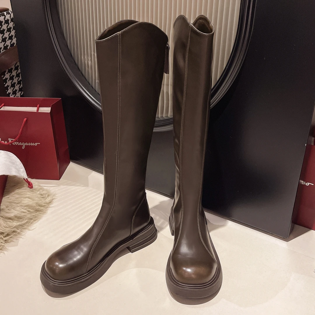 秋冬百搭棕色瘦瘦长靴平底高筒鞋美拉德厚底短靴女24新款长筒靴L