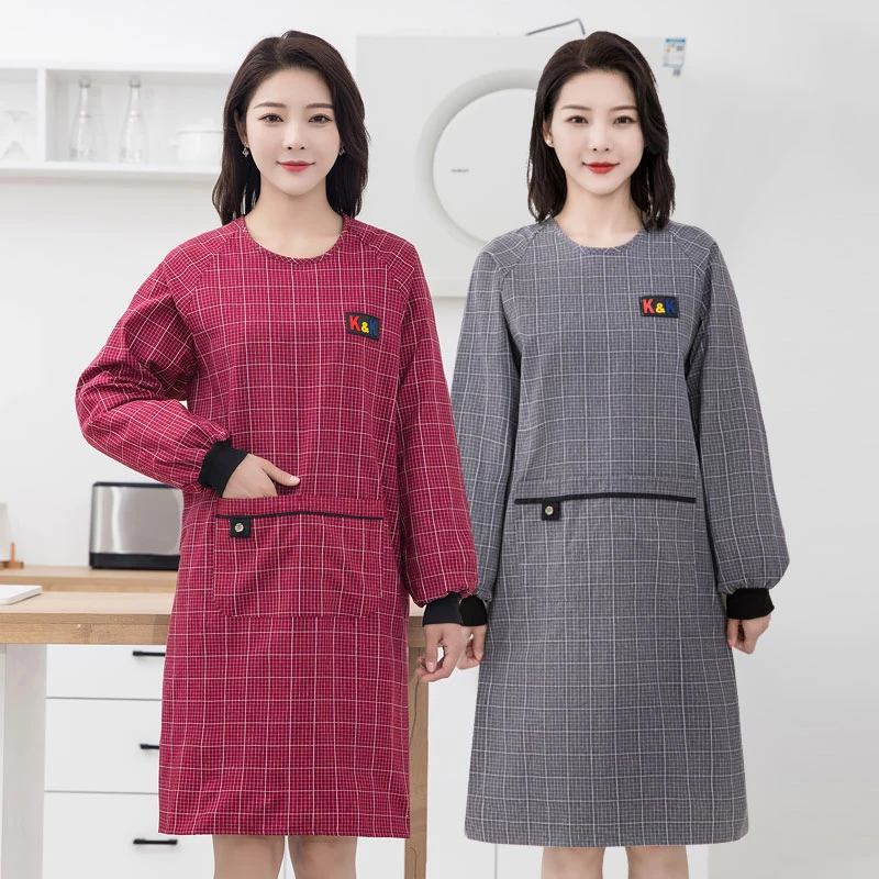 高档纯棉长袖罩衣围裙家用厨房做饭女时尚上班透气带袖防污工作服