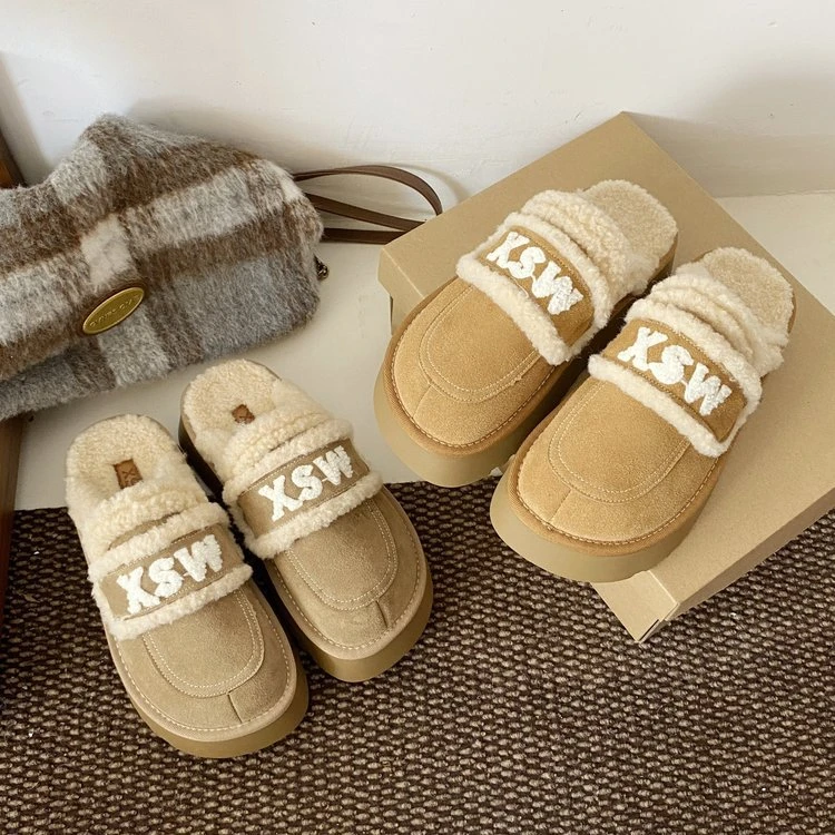 厚底毛毛拖鞋女外穿包头半拖鞋2024新款冬季一脚蹬加绒棉鞋雪地靴