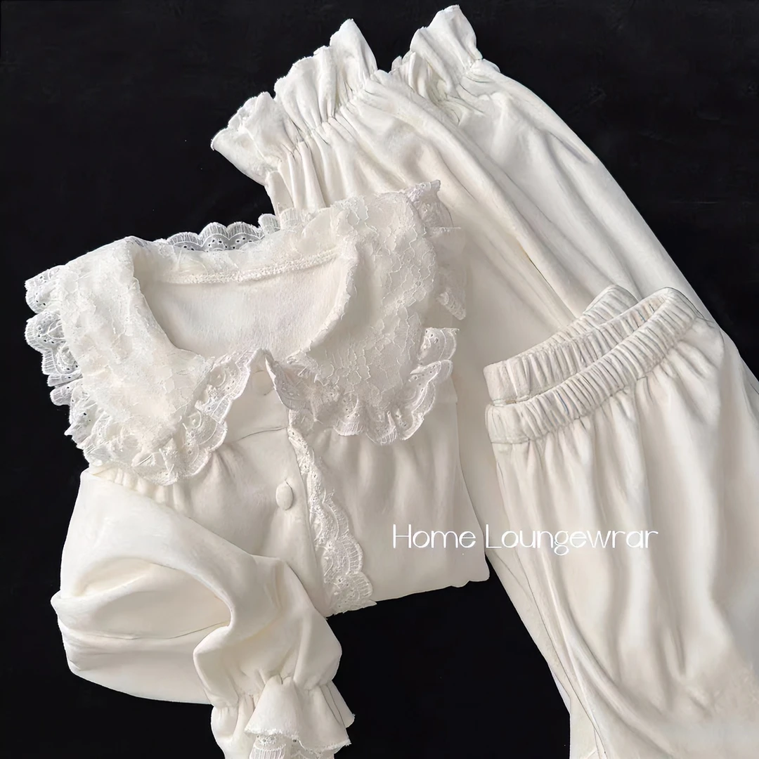 法式海岛绒新款睡衣女秋冬蕾丝开衫长袖长裤可外穿甜美休闲二件套