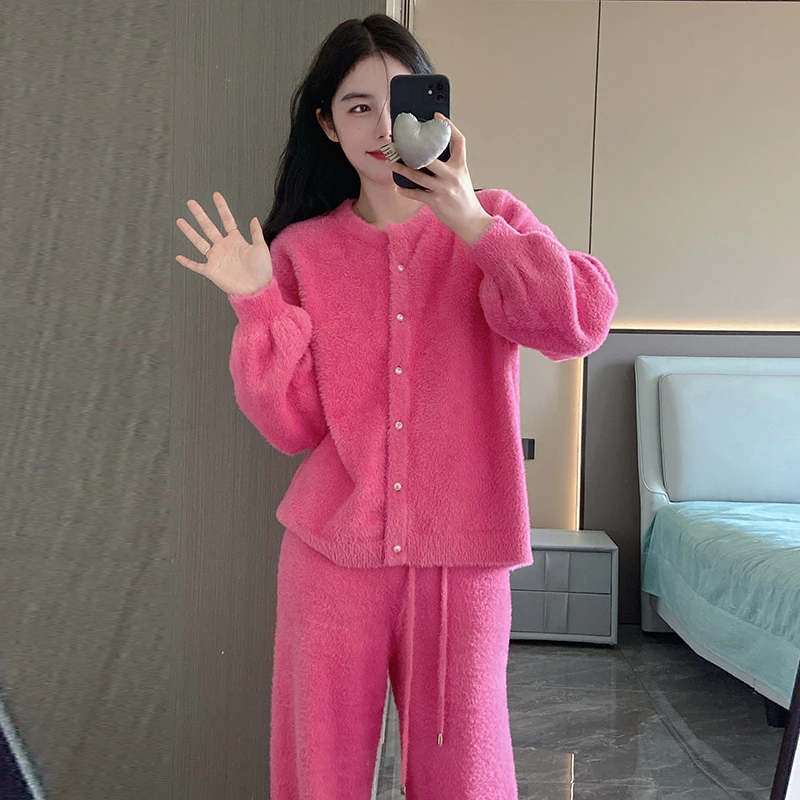 2024新款睡衣女秋冬季仿貂绒加绒加厚套装高级感柔软珊瑚绒家居服