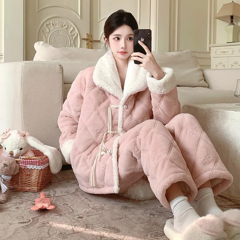 国风睡衣女款秋冬季三层加厚加绒夹棉珊瑚绒保暖可外穿家居服套装