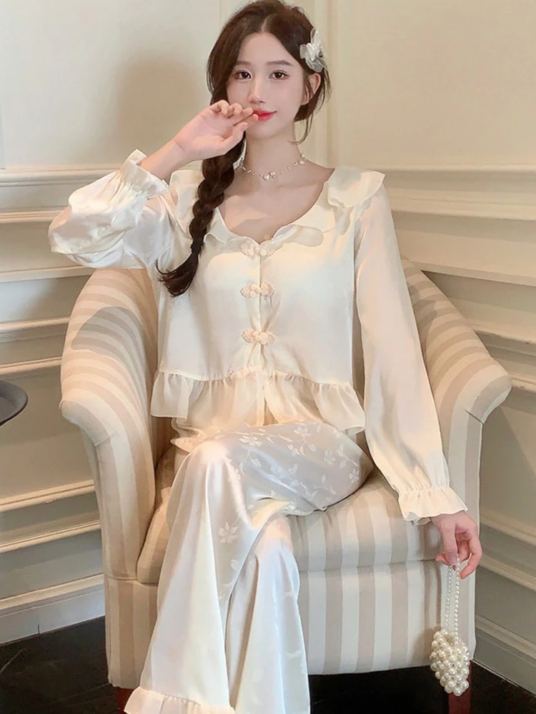 轻奢睡衣女夏提花2025冰丝新中式女款长袖长裤高级感两件套家居服