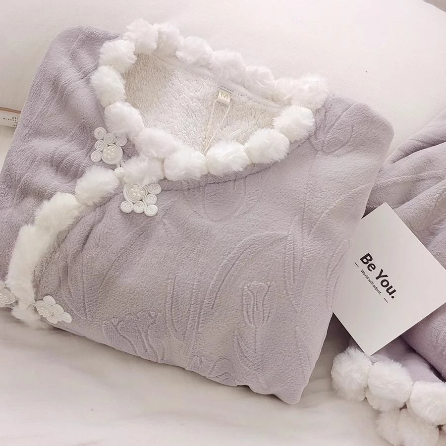 睡衣女冬季法兰绒新款加绒加厚冬款保暖国风紫色冬天套装居家服女