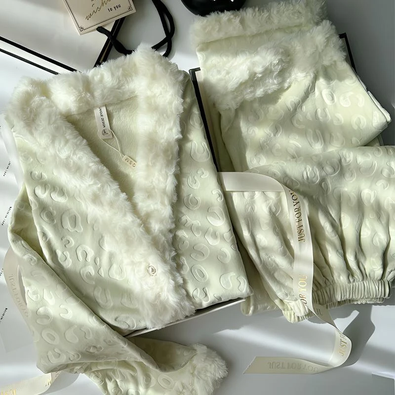 豹纹海岛绒睡衣女秋冬法式保暖甜美洋气双面绒毛绒爆款家居服套装