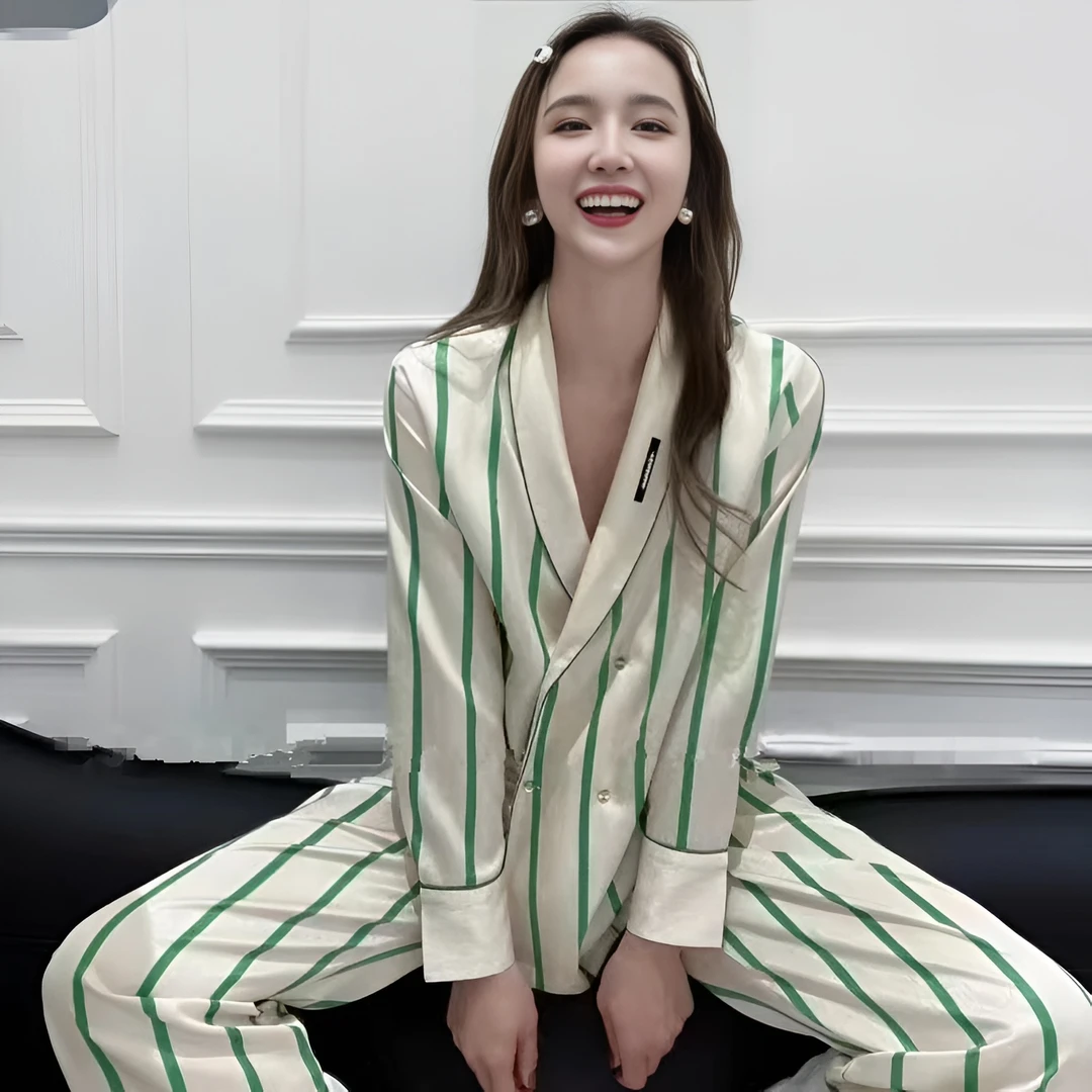 宽松睡衣女秋冬冰雪丝薄款春秋开衫长裤丝滑绸缎洋气条纹家居服