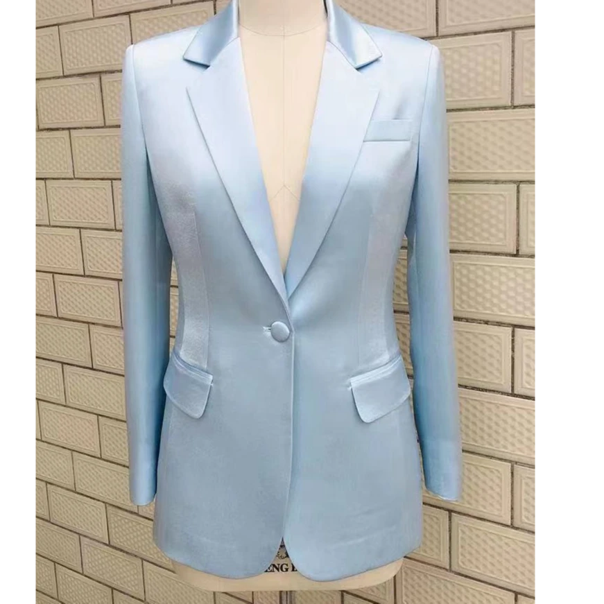 JFS春秋新款明星黄奕同款蓝色醋酸西装夏阔腿裤气质套装女