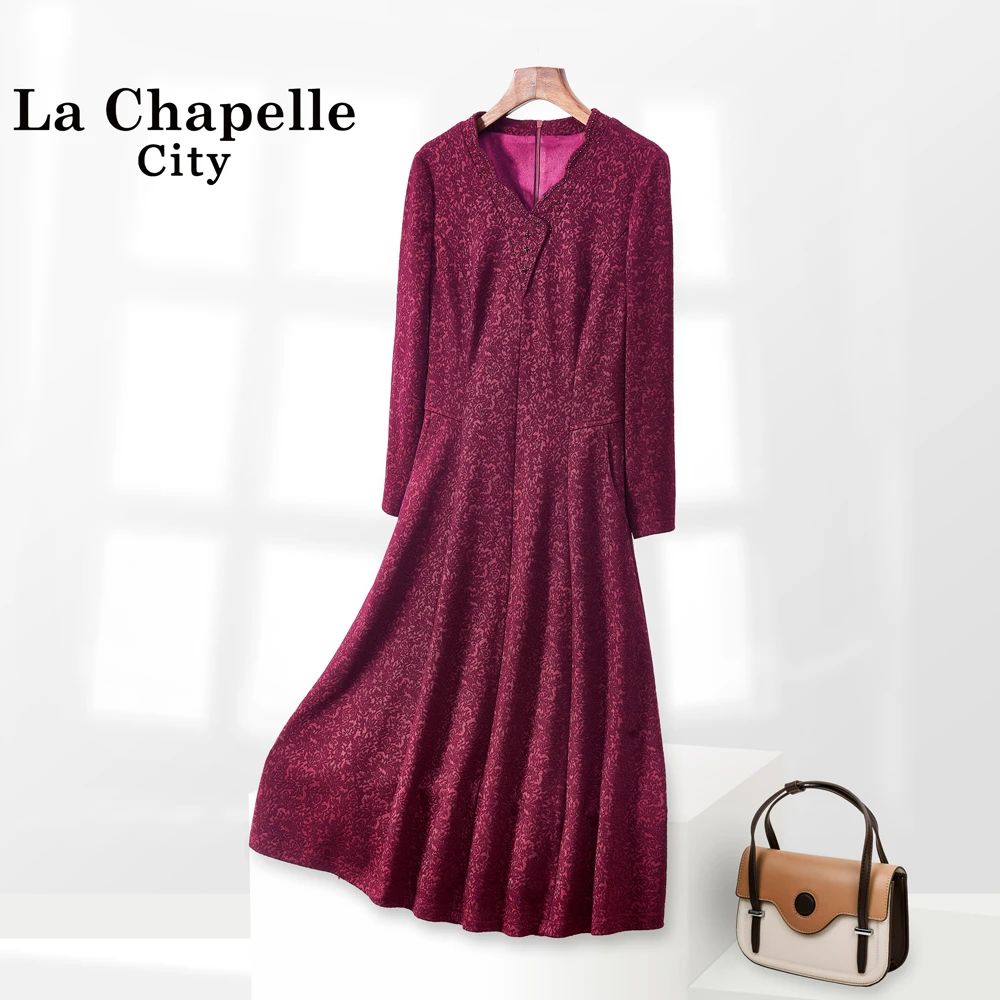 拉夏贝尔LaChapelle优雅蕾丝秋冬气质轻奢长袖红色时尚女装女士