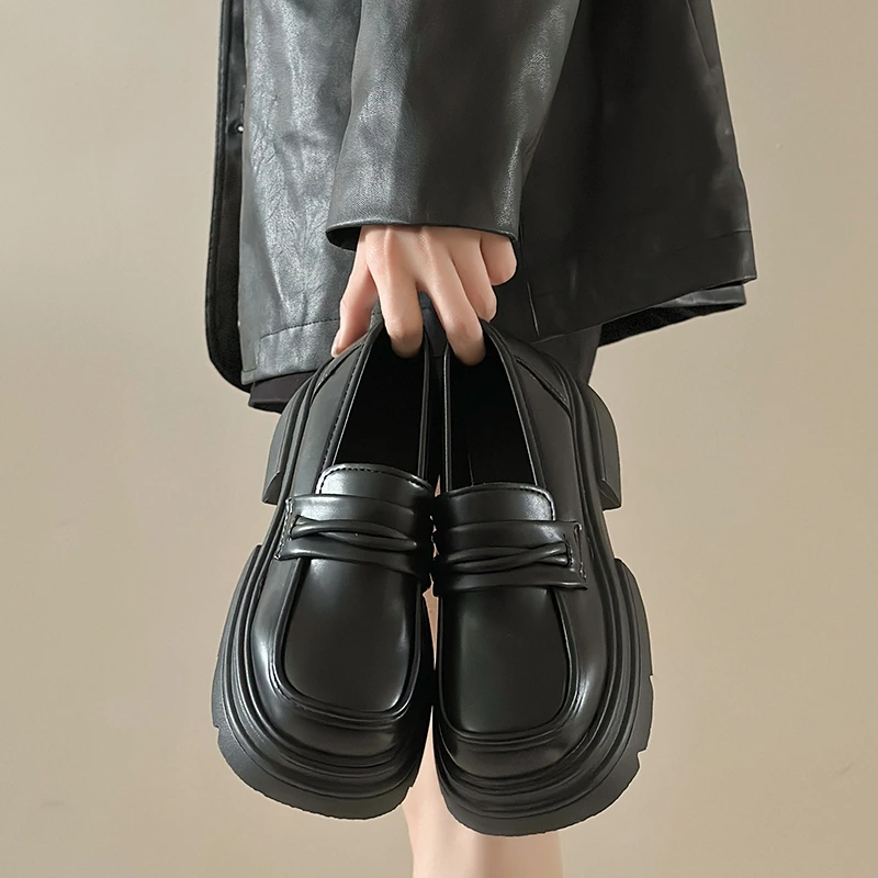 品牌厚底乐福鞋女款2024新款爆款增高英伦风一脚蹬小皮鞋黑色单鞋
