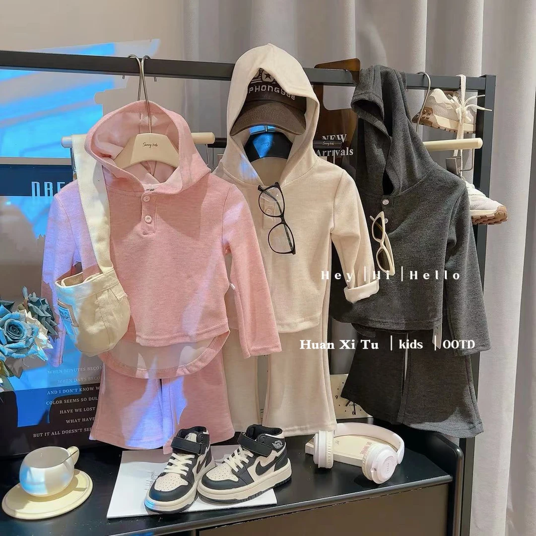 【晴晴童装】连帽卫衣套装女童韩版纯色长袖阔腿裤卫衣秋装两件套