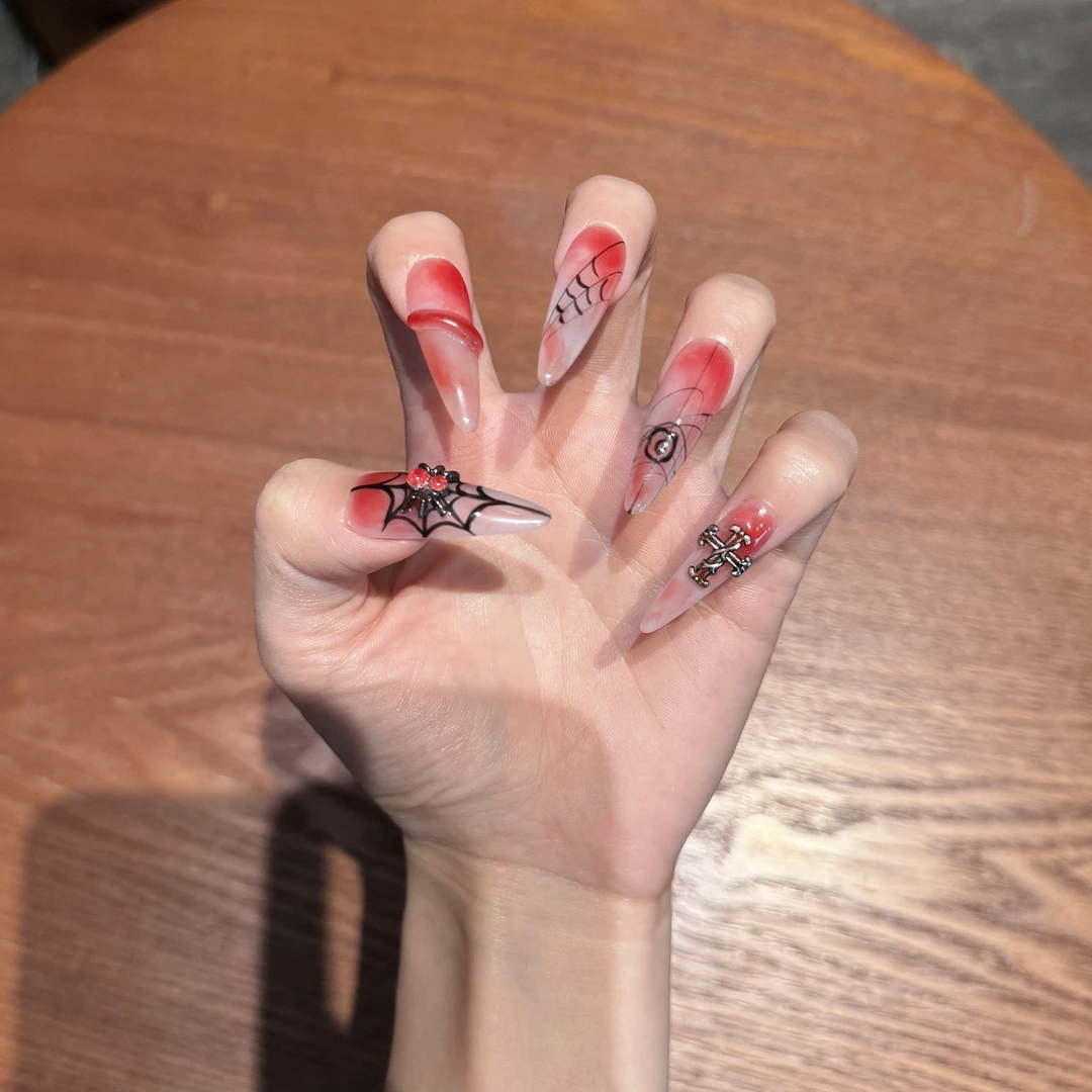 可炫【欲血】红黑晕染蛇形手绘蜘蛛网辣妹手工穿戴甲