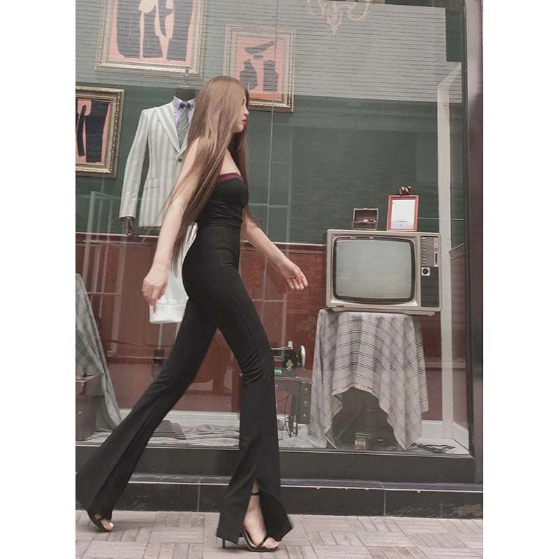 【侧开叉高腰微喇叭】AOAOMISSSHOP鳌鳌家弹力紧身长裤57-1-2