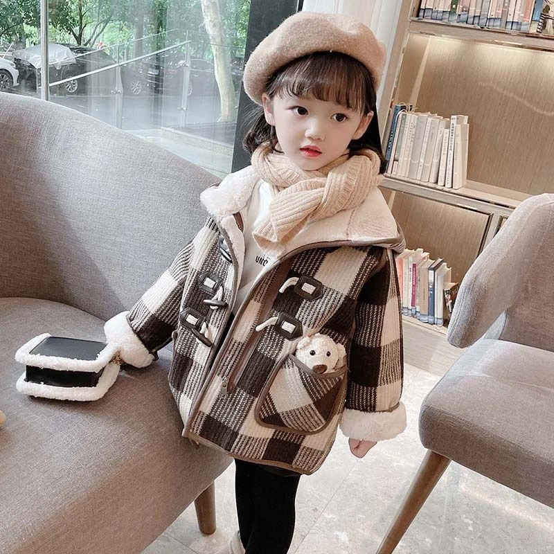 【小扬哥推荐】女童格子小熊一体绒棉衣2022冬款新品女宝宝时尚加