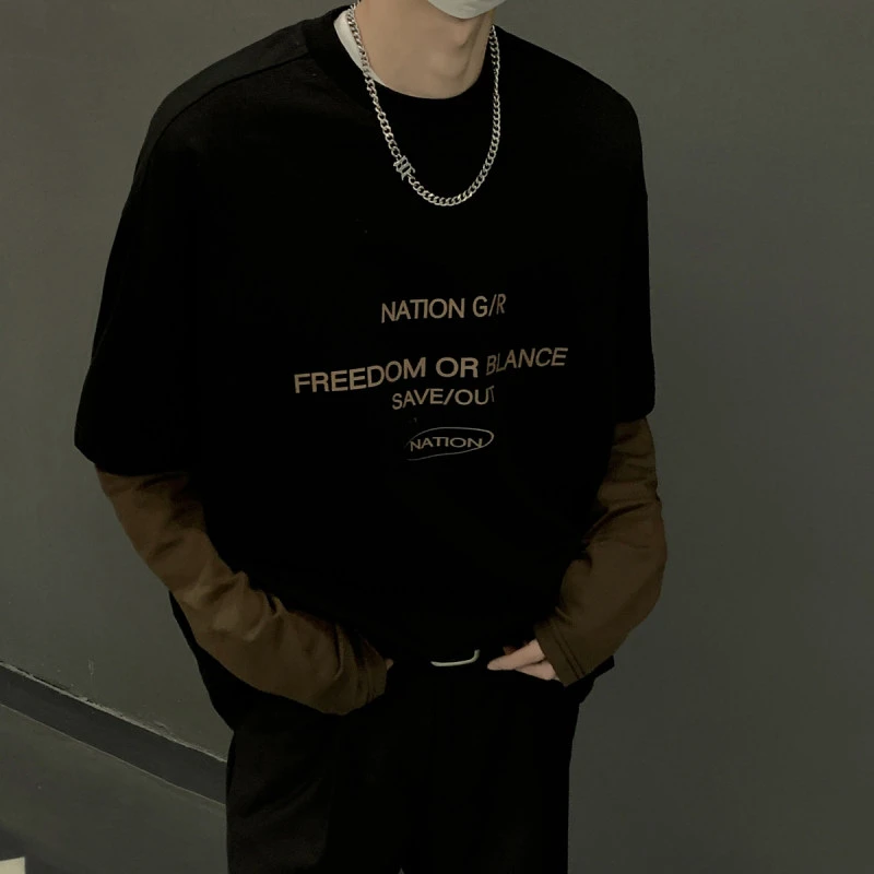 280克双沙假俩件长袖拼接印花T恤圆领长袖