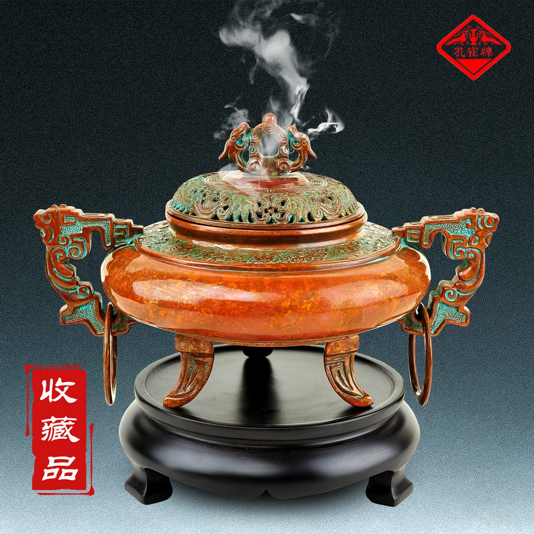 孔雀牌孔雀牌云南斑铜精品《龙纹熏炉》斑铜精品摆件乌铜走银高档