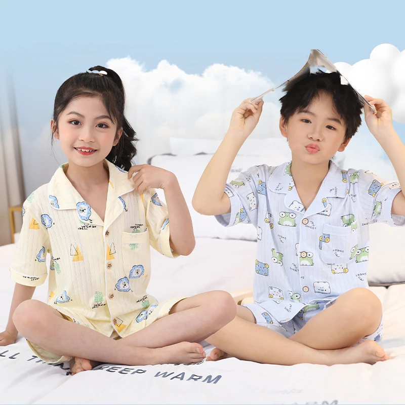儿童春秋新款男童女童卡通家纯棉短袖家居服套装轻薄舒适睡衣套装