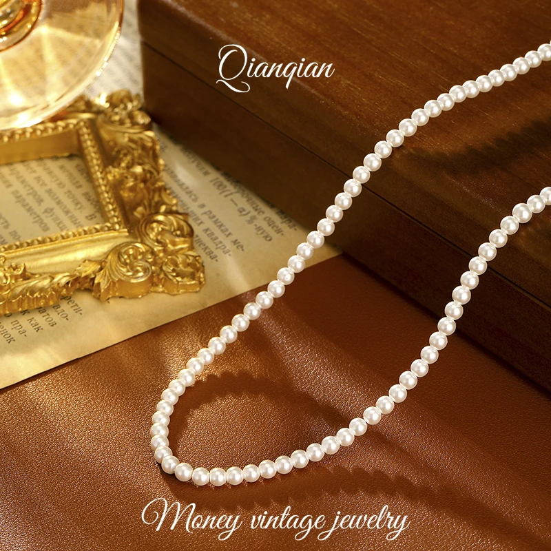 链子925银 元宝扣满串珠珠项链优雅高级感颈链精致锁骨链vintage
