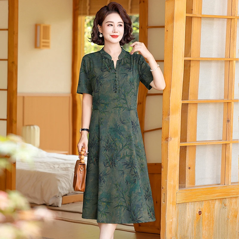 妈妈新款时尚印花连衣裙气质宽松短袖国风中长款显瘦裙子高档洋气