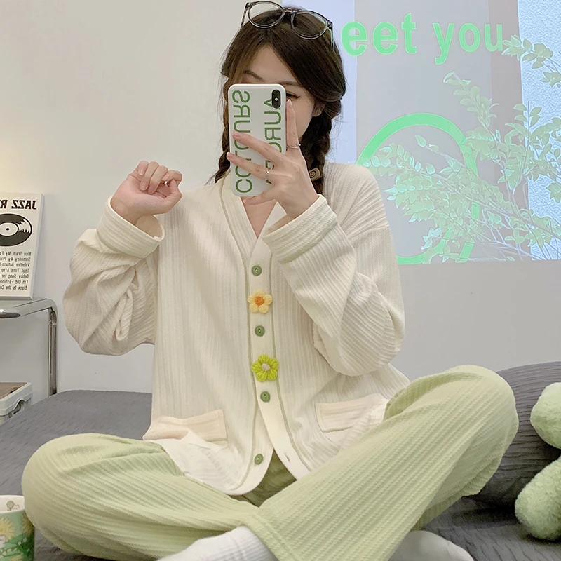 睡衣女春秋款棉质长袖薄款甜美休闲开衫v领小香风可外穿家居服
