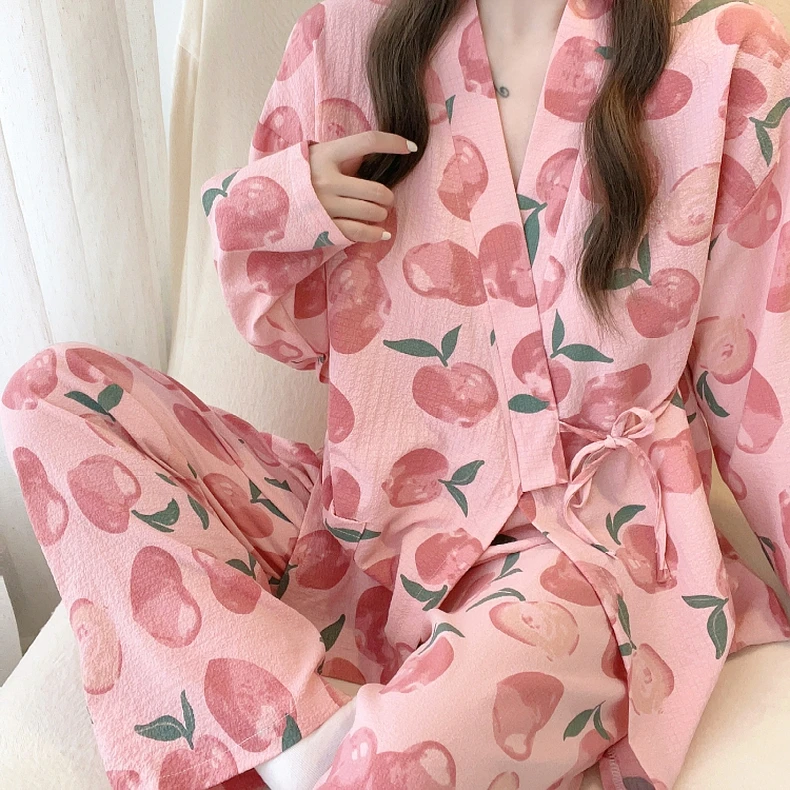 和服睡衣女春秋季长袖薄款甜美休闲宽松系带2023新款可外穿家居服