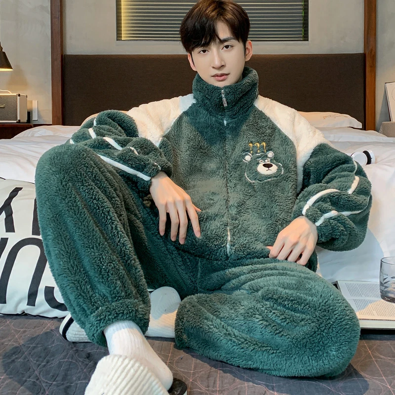 男士睡衣冬季珊瑚绒加绒加厚韩版休闲宽松拉链可外穿法兰绒家居服