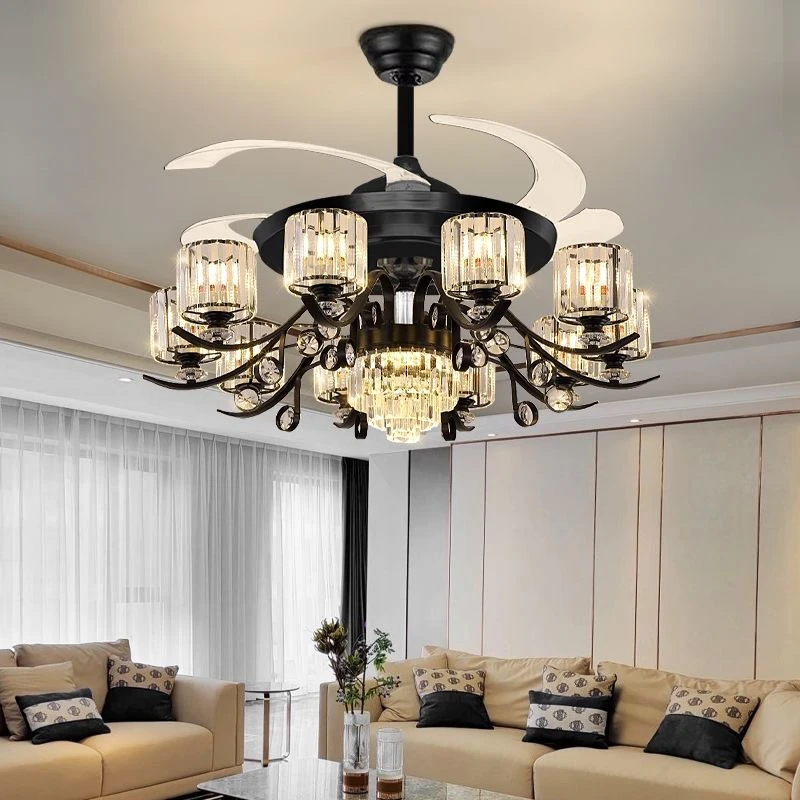 轻奢水晶吊灯客厅风扇吊灯2024年新款现代简约餐厅智能隐形吊扇灯