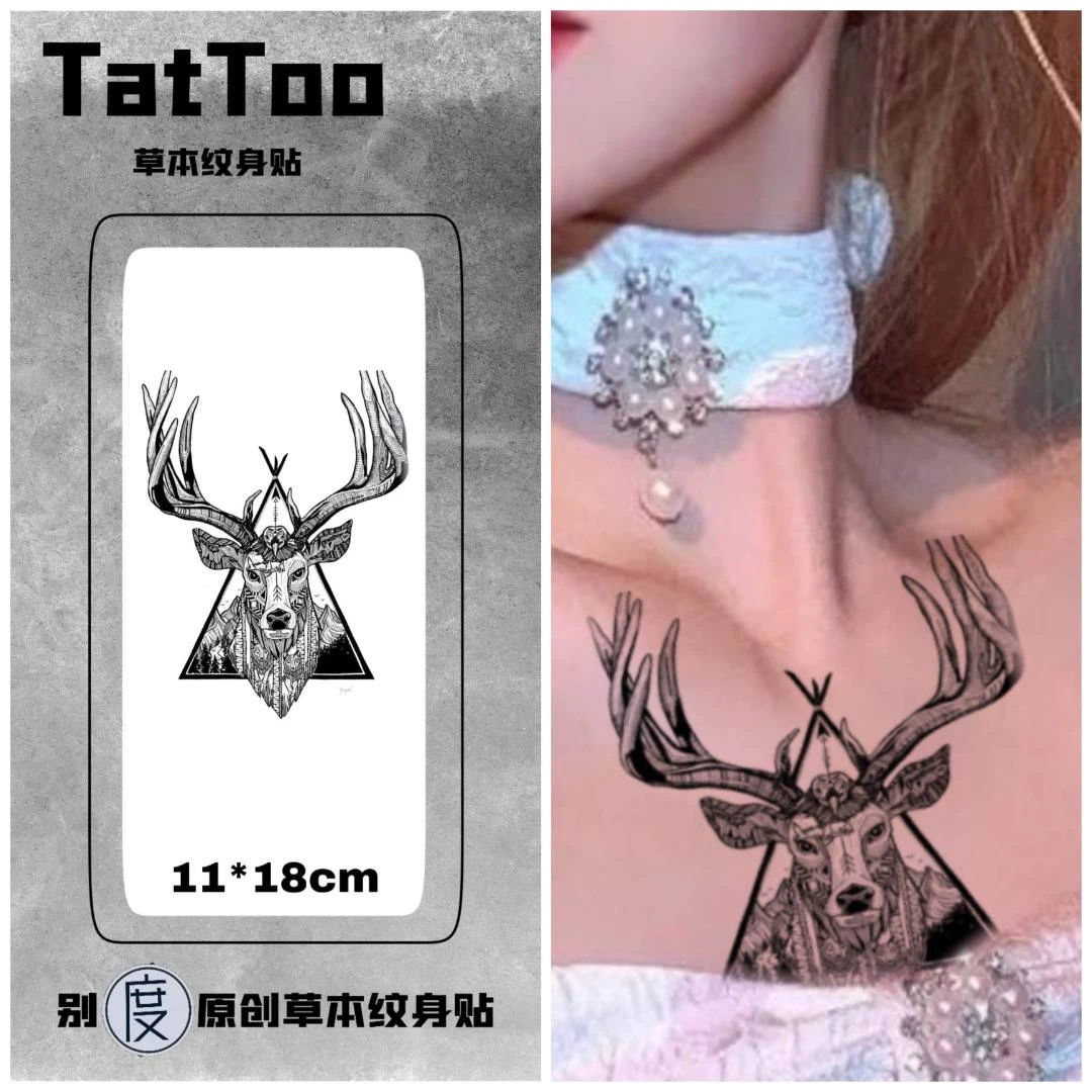 时尚tattoo (D12) 创意草本纹身贴纸 个性鹿头防水搓