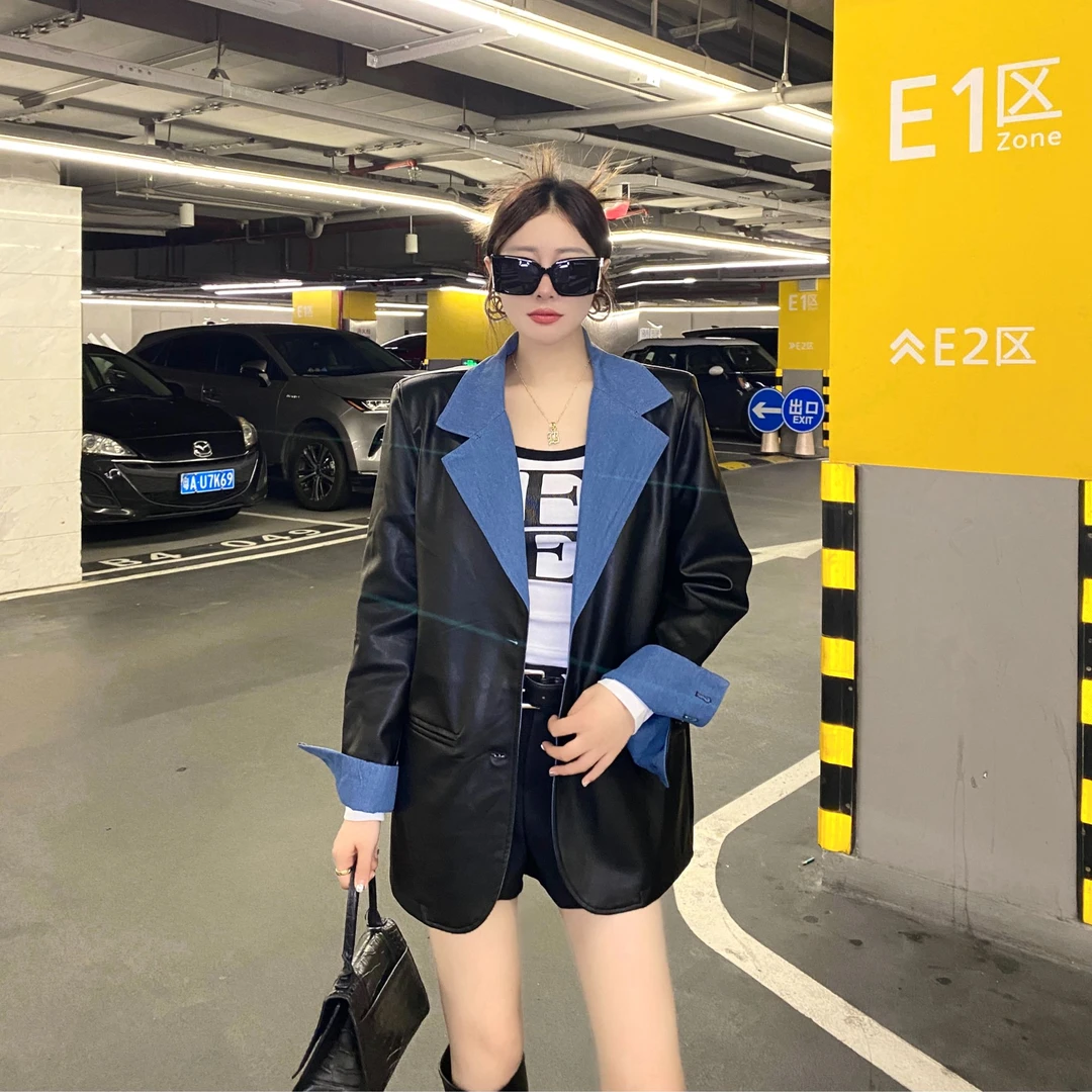 【翻领PU外套】时尚休闲百搭秋季显瘦领子拼色PU外套290