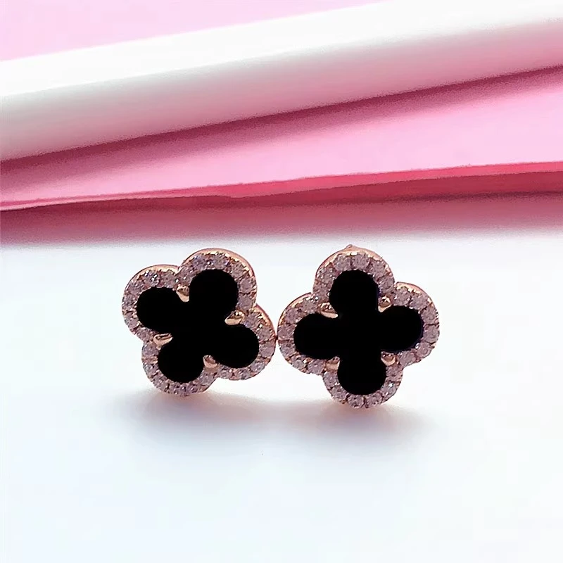 黑玛瑙四叶草耳钉时尚精致气质14K玫瑰金耳饰