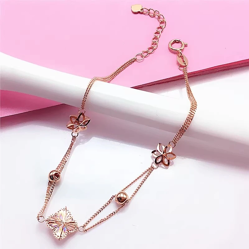 炫彩四叶草小花手链时尚精致闪亮14K玫瑰金手链