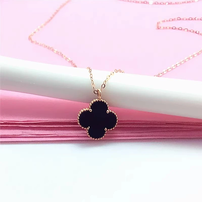 黑玛瑙四叶草套链项链时尚气质百搭14K玫瑰金项链
