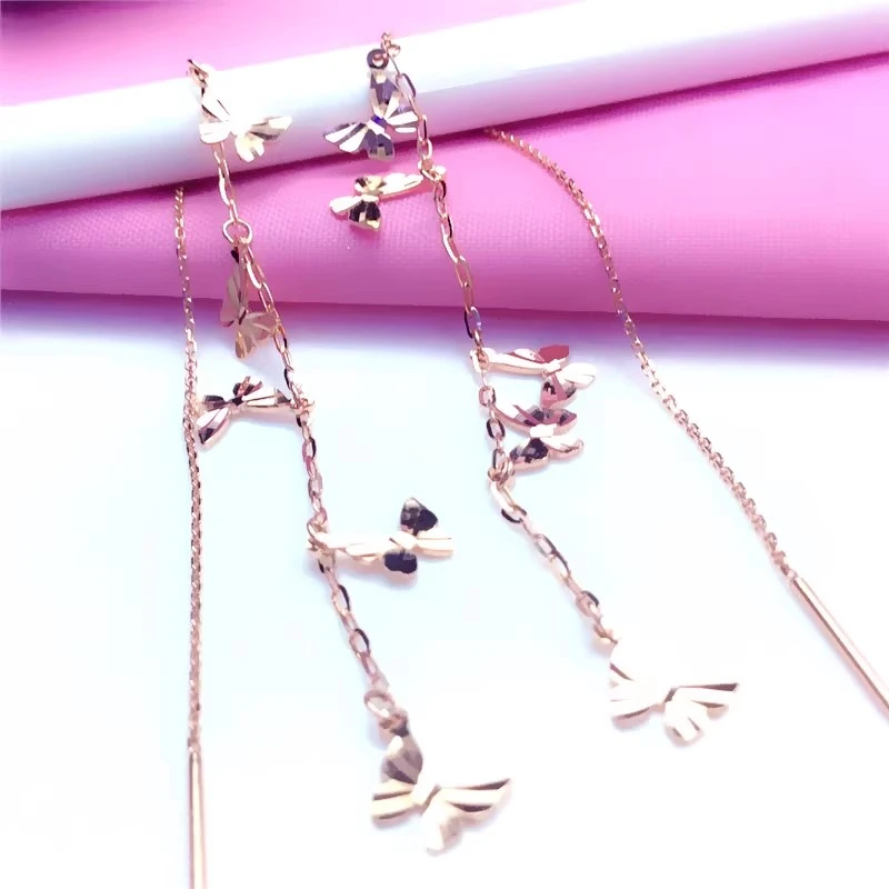 新款女士14k玫瑰金蝴蝶耳线洋气585紫金多层流苏耳饰