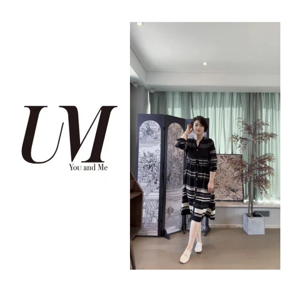 【U.M】晚风条纹V领长袖连衣裙气质
