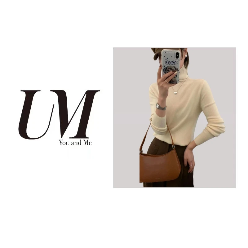 【U.M】女士贝壳高领针织毛衫长袖针织衫百搭保暖舒适柔软