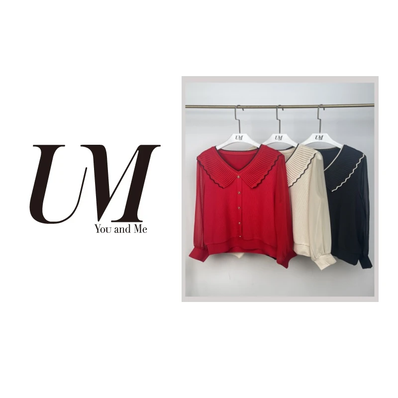 【U.M】撞色花边蝴蝶翻领长袖百搭氛围感拼接针织网纱