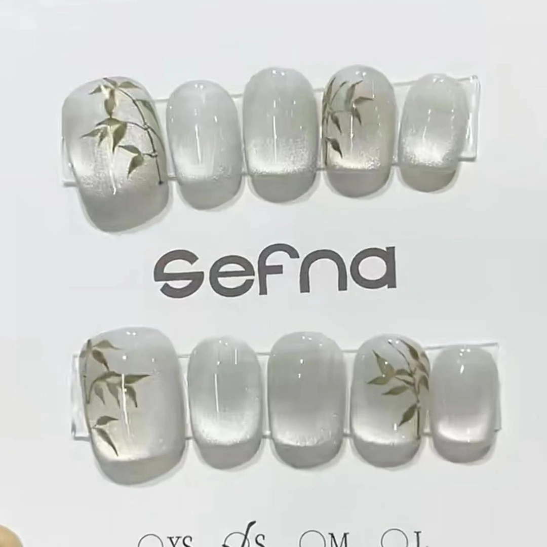 拍穿戴甲手工美甲成品假指甲贴片灯泡猫眼手绘修竹墨客国 风美甲