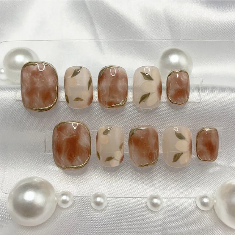 冰茶花纯手工美甲贴片成品奶咖晕染冰透秋冬穿戴甲指甲片ins批发