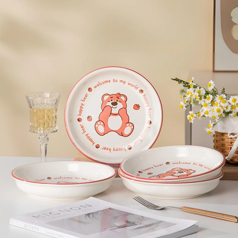 网红草莓熊家用圆盘子釉下彩工艺烧制陶瓷餐具创意装菜盘吃米饭碗