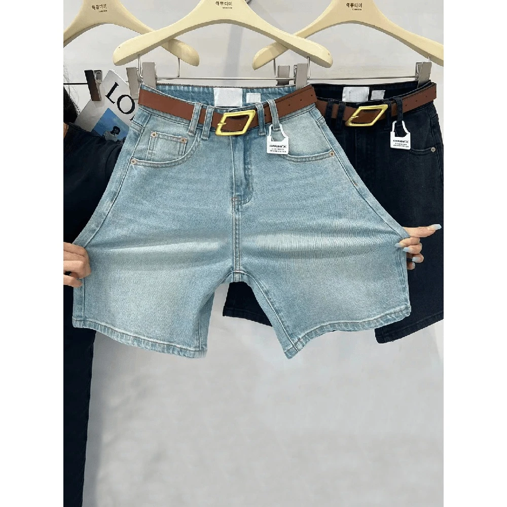 大码女装夏季薄款高腰弹力牛仔短裤胖mm胯大腿粗显瘦直筒五分裤子