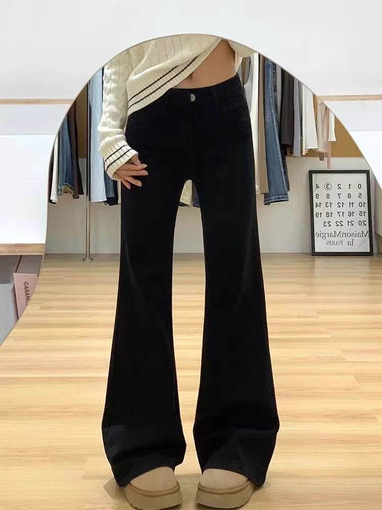 黑色微喇牛仔裤女秋冬加绒胖妹妹梨形身材mm高腰弹力显瘦马蹄裤子