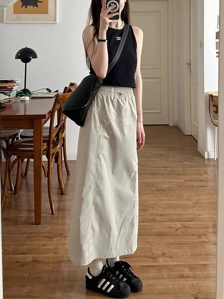 美式工装半身裙夏季大码速干后开叉抽绳遮胯长裙女胖mm巨显瘦裙子