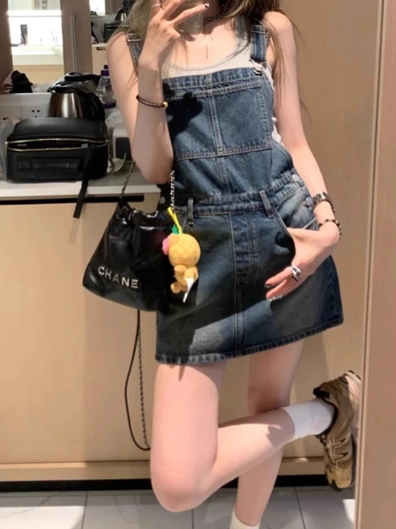 美式复古牛仔蓝背带裙女大码胖mm梨形身材高腰显瘦小个子连衣短裙