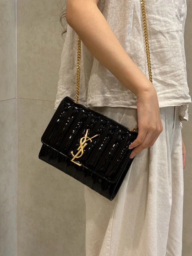 95新 YSL/圣罗兰 黑金漆皮豆腐Betty单肩包